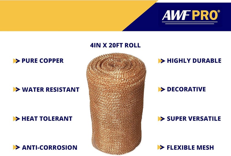 AWF PRO Store شبكة نحاسية 4" × 20' لمكافحة الآفات، الفئران والقوارض، عبوة من 3 – مقاومة للصدأ والبكتيريا، مثالية للمنازل والحدائق والديكور - Image 3
